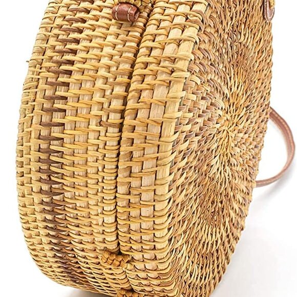 Handwoven Round Rattan Bag Women Beach Straw Crossbody Bag Chic Shoulder Bag wit - Picture 6 of 6